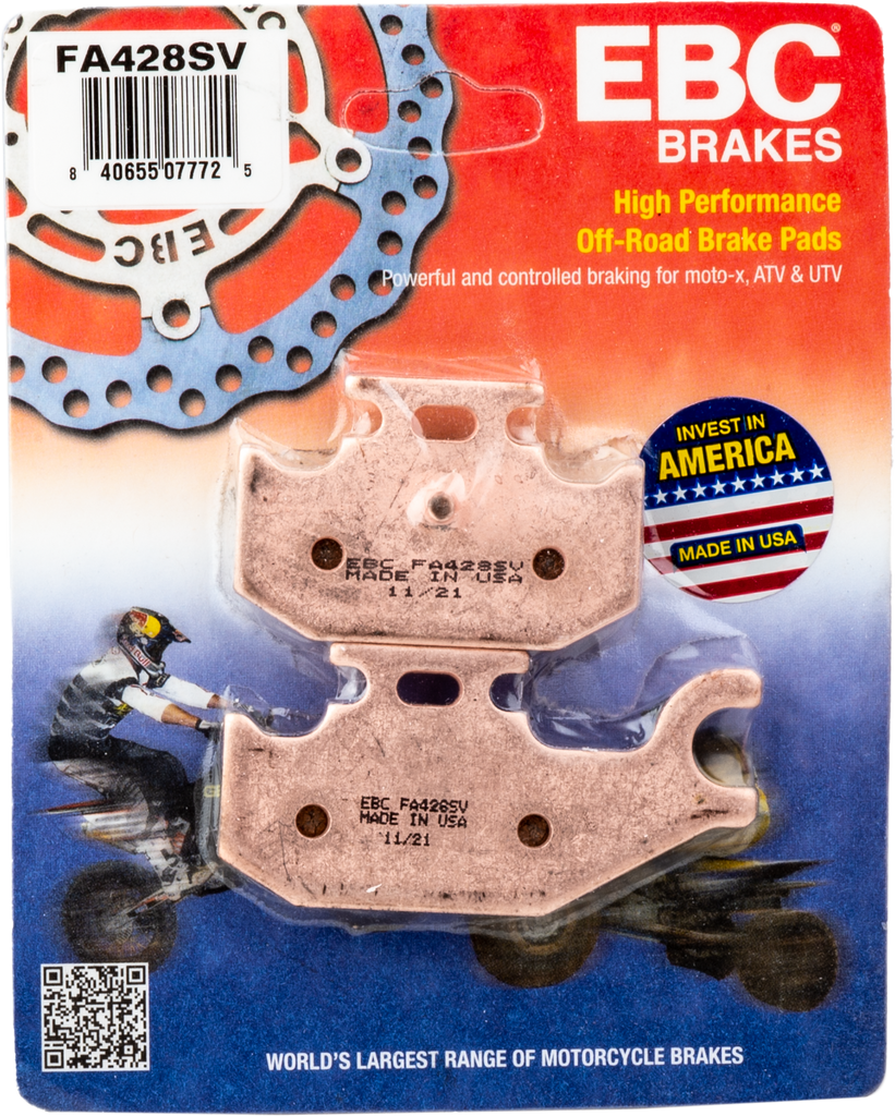 EBC Motorcycle Brakes Brake Pads 15-428S, black brake pads with metal backing plates, designed for motorcycle braking systems
