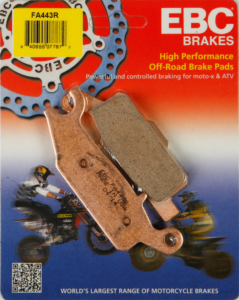 EBC Motorcycle Brakes Brake Pads 15-443R set, showing metal backing plates and friction material for effective motorcycle braking.