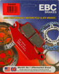 EBC Motorcycle Brakes brake pads 15-443X installed on motorcycle disc, showing the brake pad design and metal backing plate.