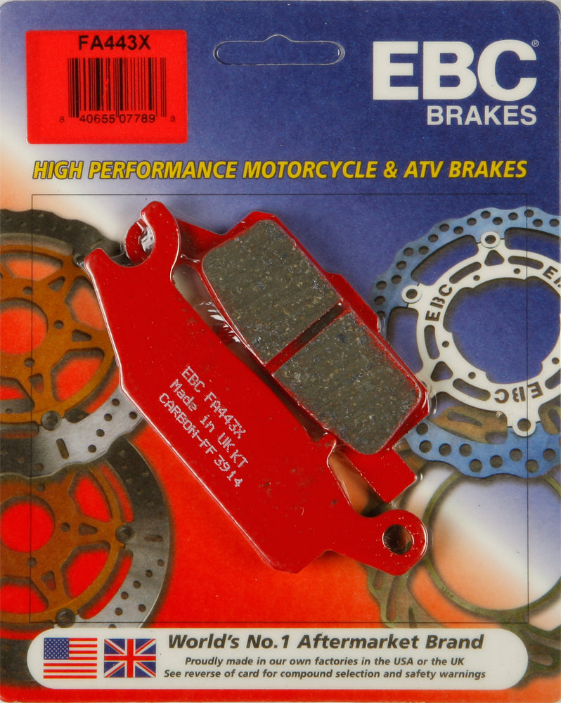 EBC Motorcycle Brakes Brake Pads 15-443X showing close-up of black brake pad with metal backing for motorcycle braking system