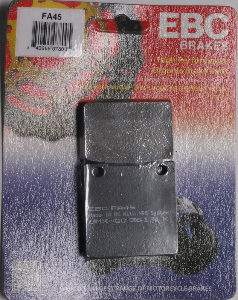 EBC Motorcycle Brakes brake pads set with metallic friction material and mounting hardware, designed for motorcycle braking systems.