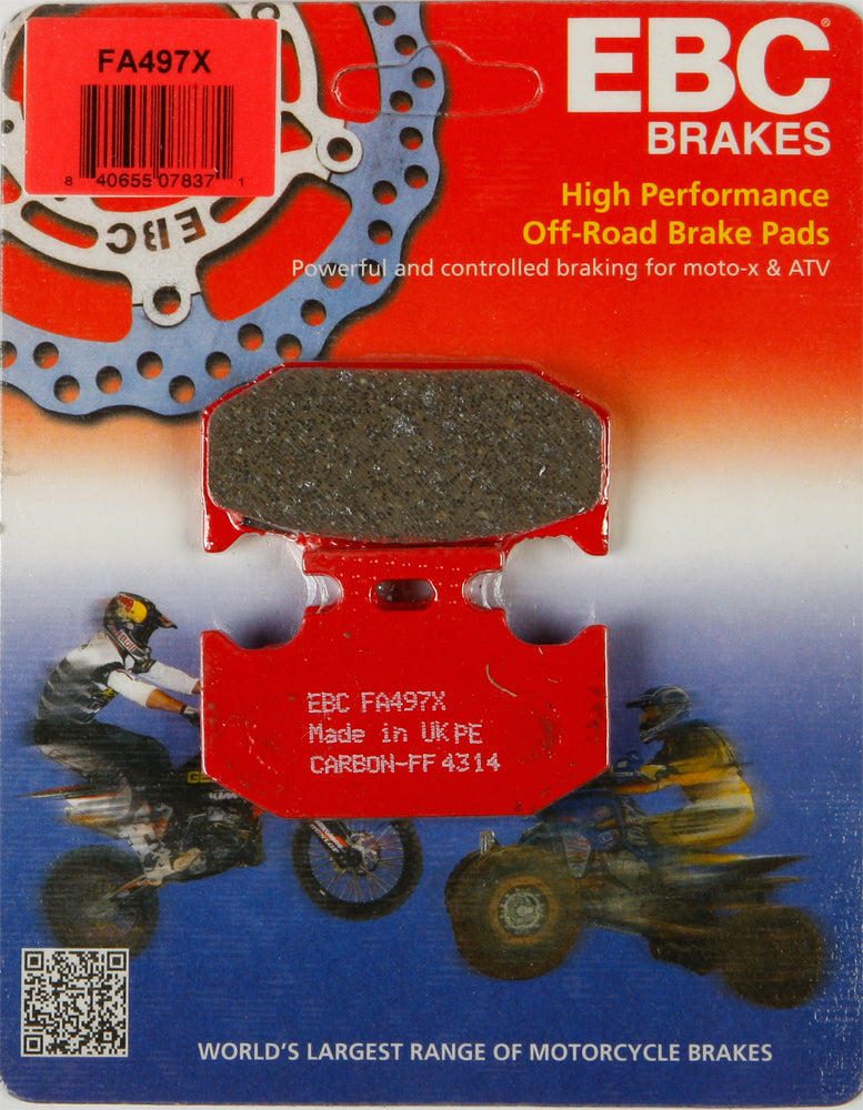 EBC Motorcycle Brakes brake pads 15-497X, black and metal components, designed for high-performance motorcycle braking systems