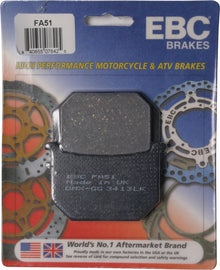 EBC Motorcycle Brakes Brake Pads 15-51 showing black friction material and metal backing plates, designed for motorcycle braking systems.