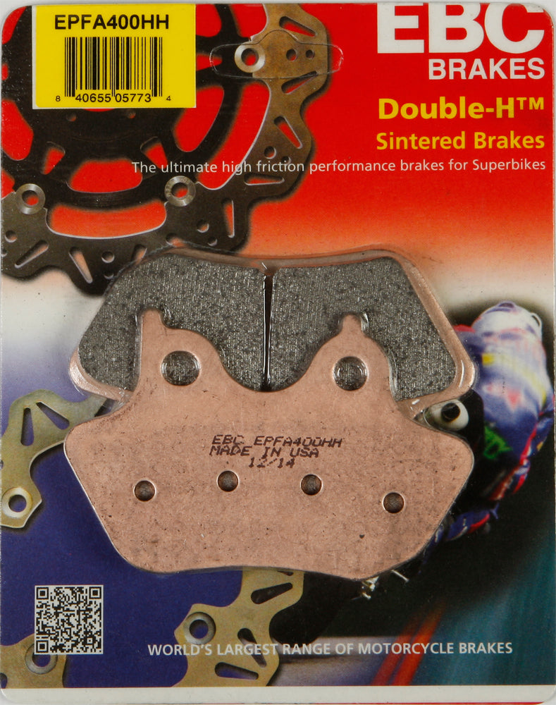 EBC Motorcycle Brakes EPFA400HH Extreme Pro brake pads showing metallic backing and friction material for high-performance stopping power.