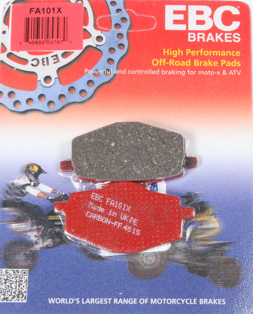 EBC Motorcycle Brakes Carbon X Series brake pads, Fa101x model, showing the black brake pad with metal backing for motorcycle braking system.