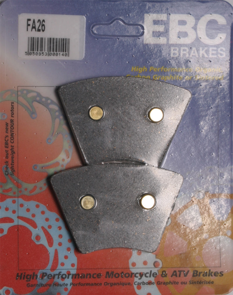 EBC Motorcycle Brakes Fa26 Organic brake pads shown with black friction material and metal backing plate, designed for motorcycle braking systems.