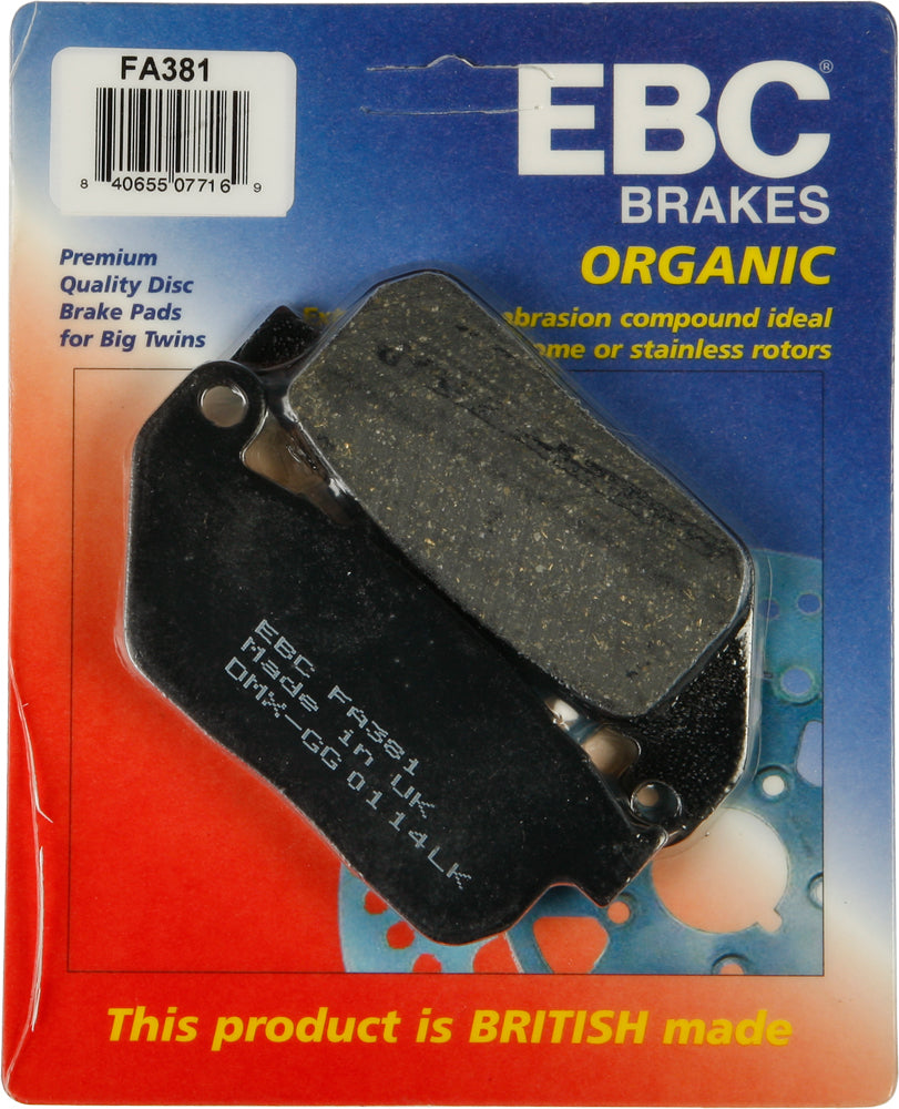EBC Motorcycle Brakes Fa381 Organic brake pads showing black and metal components for motorcycle braking system.