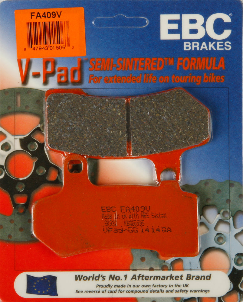 EBC Motorcycle Brakes Fa409v V-Series brake pads showing metallic and friction surfaces for motorcycles.
