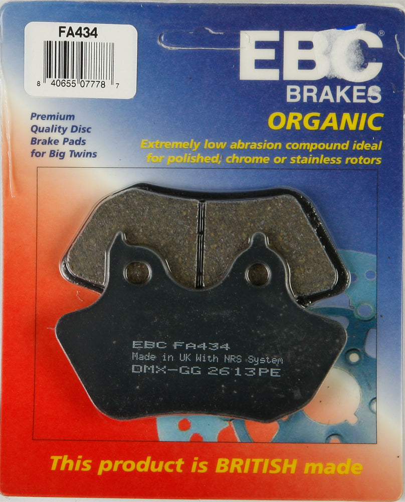 EBC Motorcycle Brakes Fa434 Organic Brake Pads showing the black friction material and metal backing plates for motorcycle braking systems.