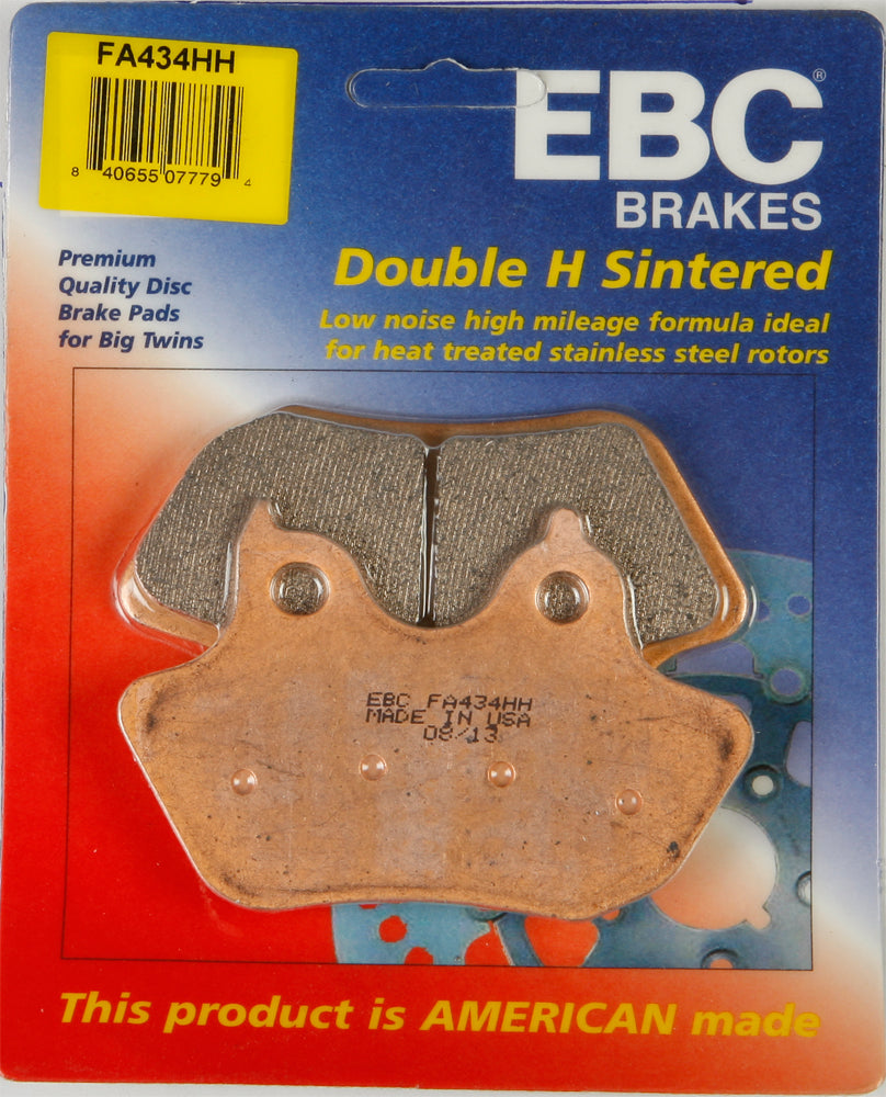 EBC Motorcycle Brakes Fa434h Double-H Sintered Brake Pads installed on motorcycle brake rotor, close-up view of brake pad surface.