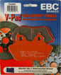 EBC Motorcycle Brakes Fa434v V-Series brake pads installed on motorcycle, showing their black friction material and metal backing plate.