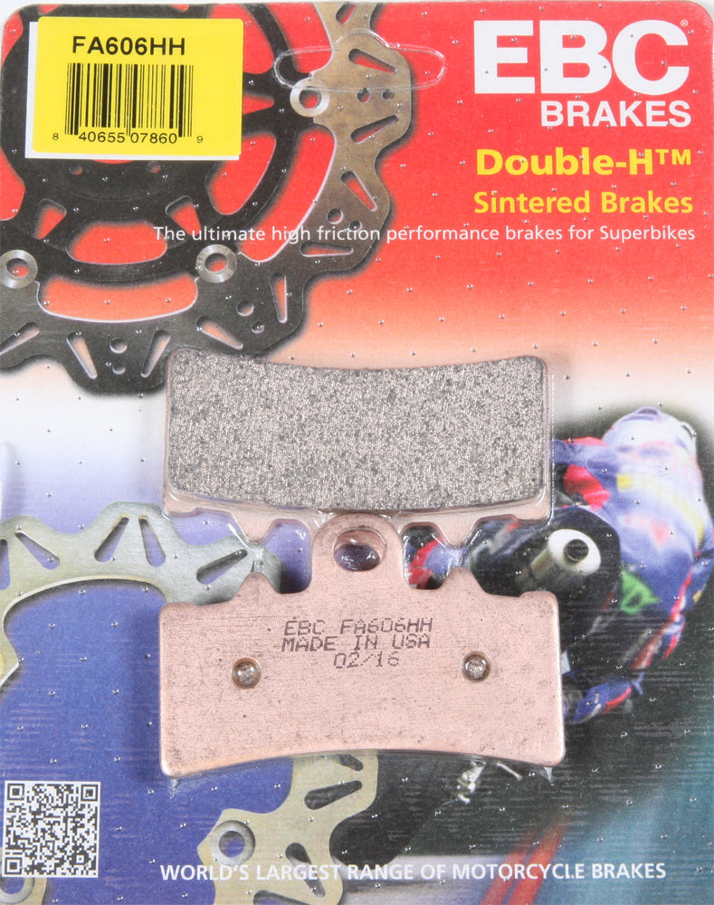 EBC Motorcycle Brakes Fa606hh double-H sintered brake pads for motorcycle, showing the metal backing and friction material.