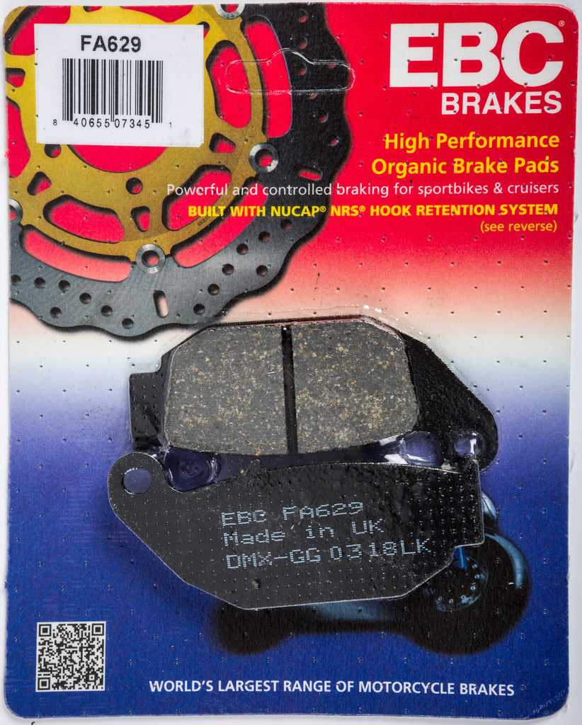 EBC Motorcycle Brakes Fa629 organic brake pads showing black friction material and metal backing plate for motorcycles.
