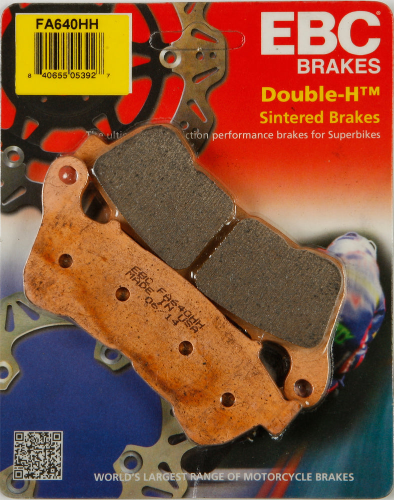 EBC Motorcycle Brakes Fa640hh Double-H Sintered Brake Pads showing metal backing and friction material for motorcycle braking system.