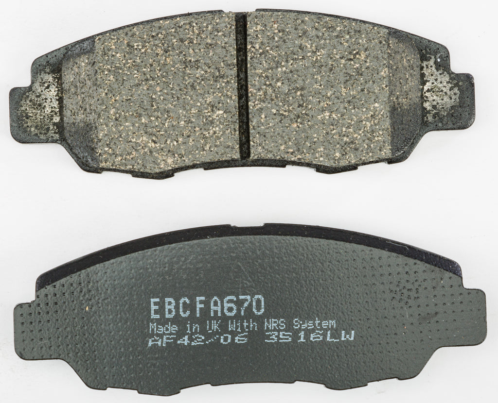 EBC Motorcycle Brakes Fa670 organic brake pads with metal backing plates, shown in a close-up image.