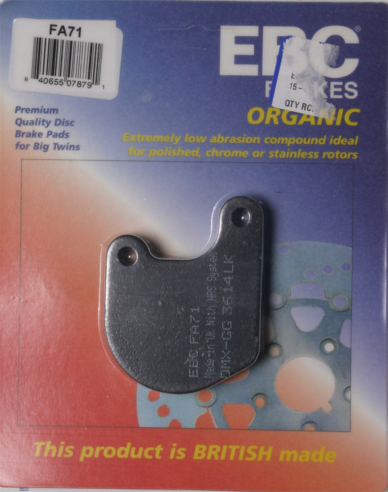 EBC Motorcycle Brakes Fa71 Organic brake pads showing black friction material and metal backing plate for motorcycle braking.