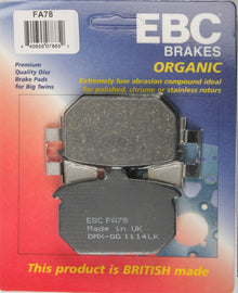 EBC Motorcycle Brakes Fa78 Organic brake pads with black friction material and metal backing plate for motorcycle braking systems