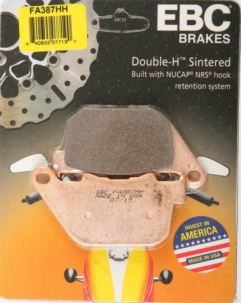 EBC Motorcycle Brakes Fa837hh Double-H Sintered Brake Pads showing metal backing and friction material for motorcycle braking.