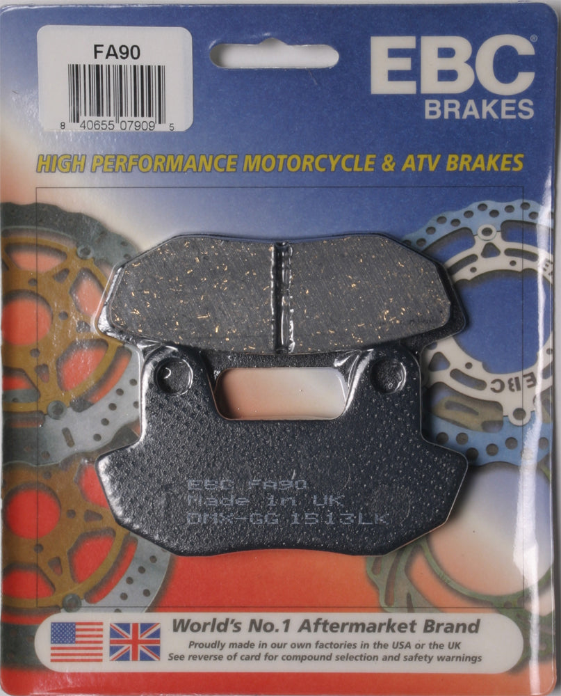 EBC Motorcycle Brakes Fa90 Organic brake pads showing the black friction material and metal backing plates.