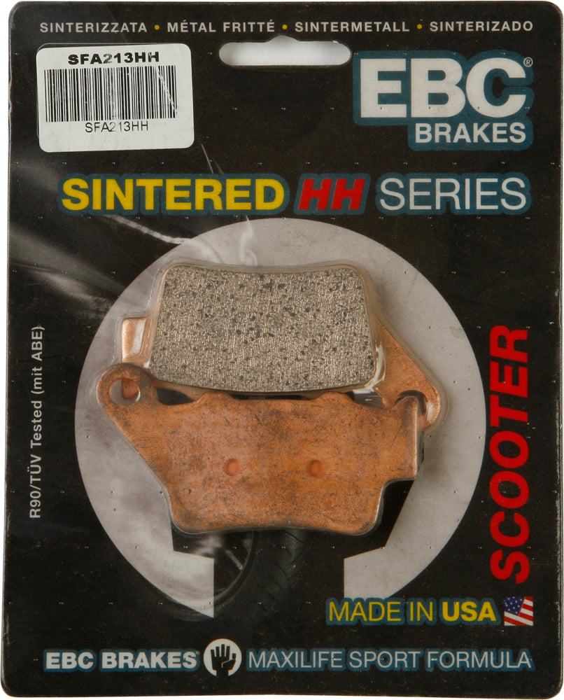 EBC Motorcycle Brakes Sfa213hh Double-H Sintered Brake Pads installed on a motorcycle, showing the durable brake pad design.