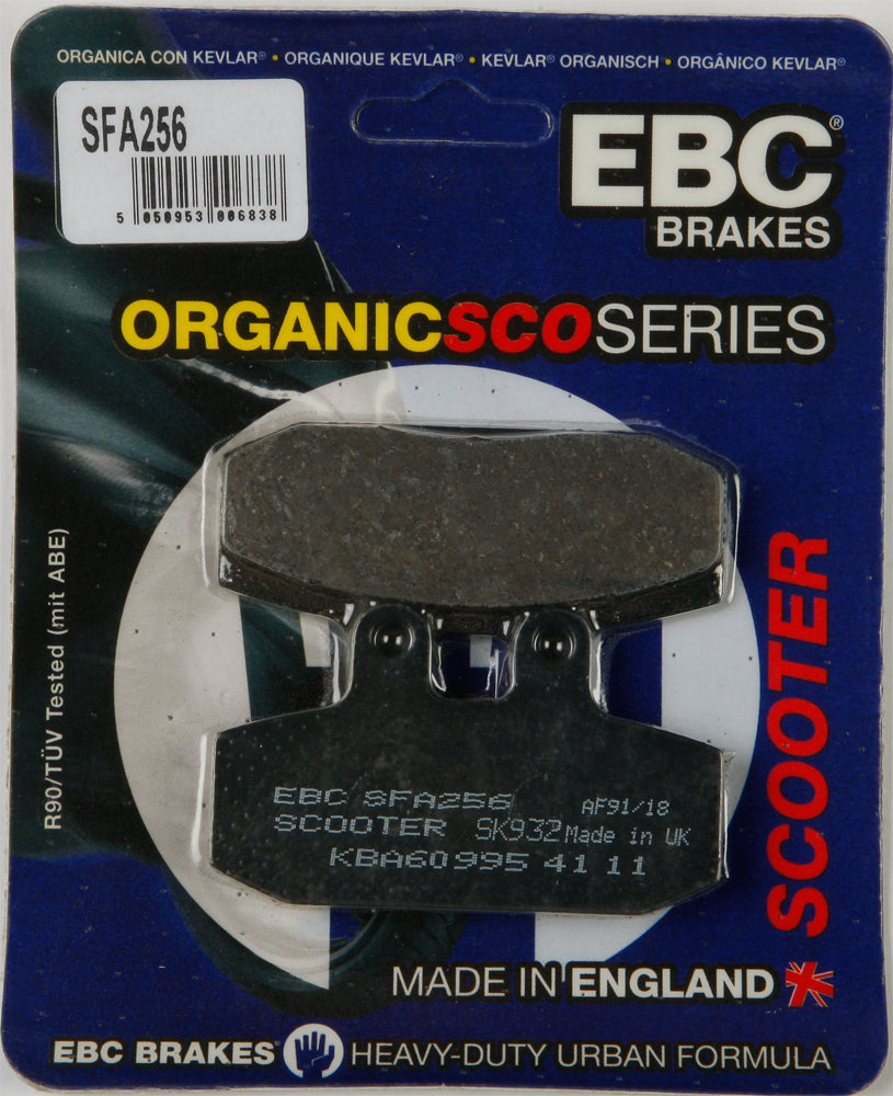 EBC Motorcycle Brakes organic brake pads Sfa256 for motorcycle braking system, showing black brake pad with metal backing plate