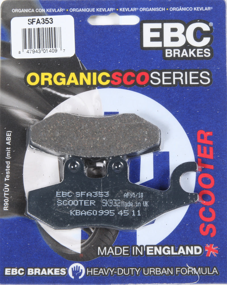 EBC Motorcycle Brakes Sfa353 organic brake pads showing the black friction material and metal backing plate.