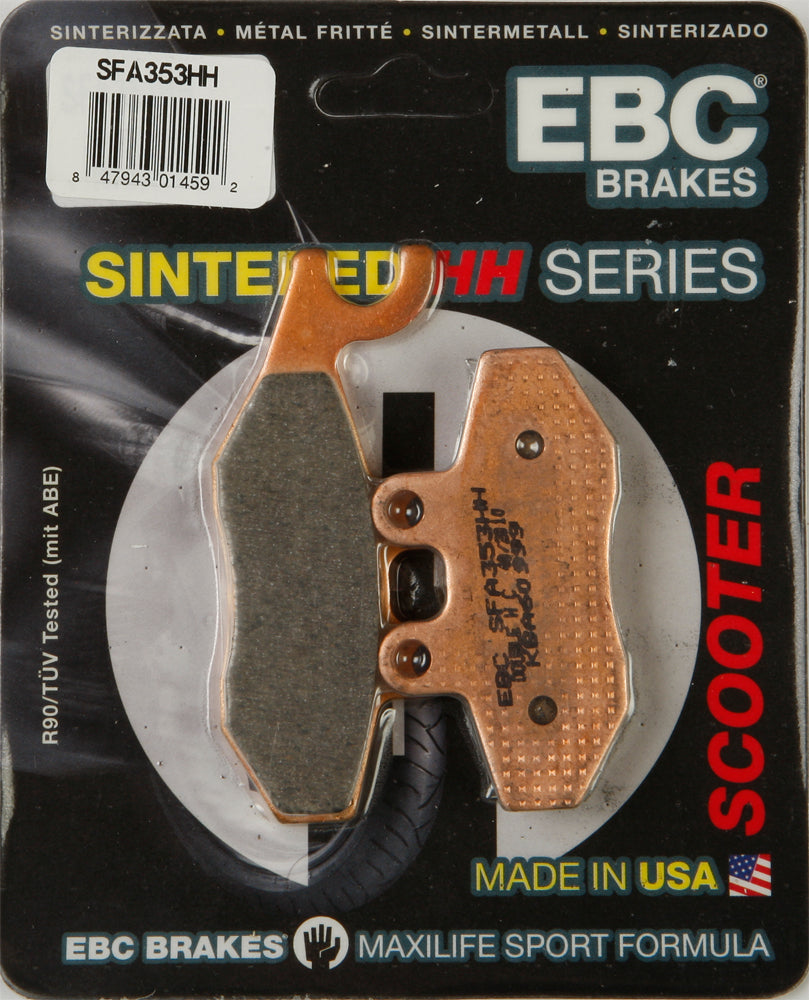 EBC Motorcycle Brakes Sfa353hh double-H sintered brake pads shown in a close-up image with metal backing plates