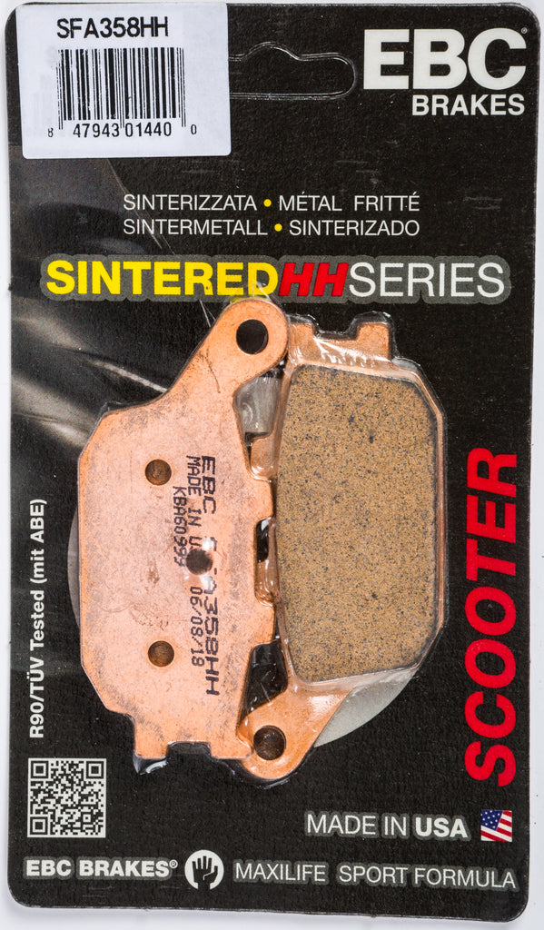 EBC Motorcycle Brakes Sfa358hh Double-H Sintered Brake Pads with metallic backing, designed for high-performance motorcycle braking systems
