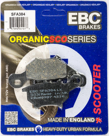 EBC Motorcycle Brakes brake pads Sfa384 organic type, showing close-up of black brake pad with branding details.