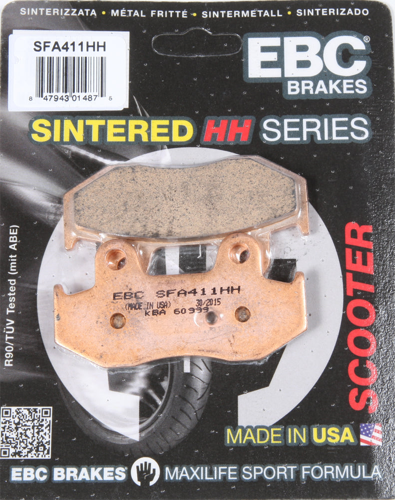 EBC Motorcycle Brakes SFA411HH Double-H Sintered Brake Pads with metal backing plates, designed for high-performance motorcycle braking.