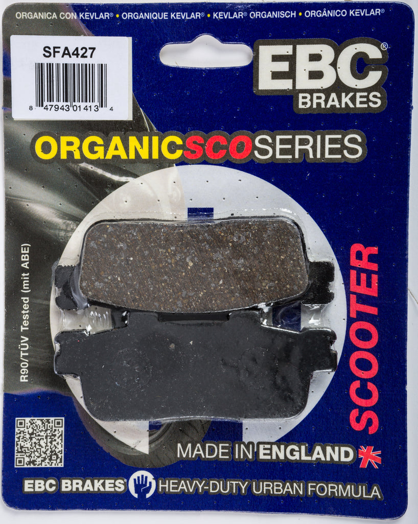 EBC Motorcycle Brakes Sfa427 organic brake pads showing metal backing and friction material for enhanced stopping power.