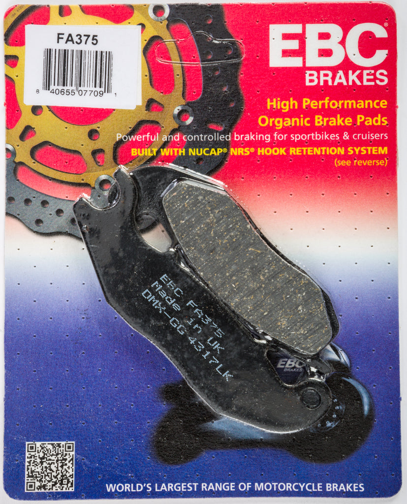 EBC Motorcycle Brakes brake pads, standard size 15-375, showing black friction material and metal backing for motorcycle braking systems.