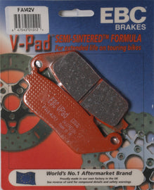 EBC Motorcycle Brakes V-Series brake pads with metal backing plates, designed for enhanced stopping power and durability.