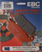 EBC Motorcycle Brakes V-Series brake pads with metal backing plates, designed for enhanced stopping power and durability.