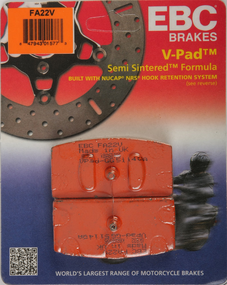 EBC Motorcycle Brakes V-Series brake pads for 2015-2022 V models, shown in a close-up image showcasing the brake pad design.