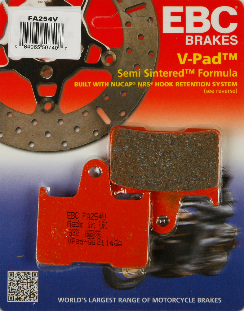EBC Motorcycle Brakes V-Series 15-254V brake pads showing metal backing plates and friction material for motorcycle braking performance