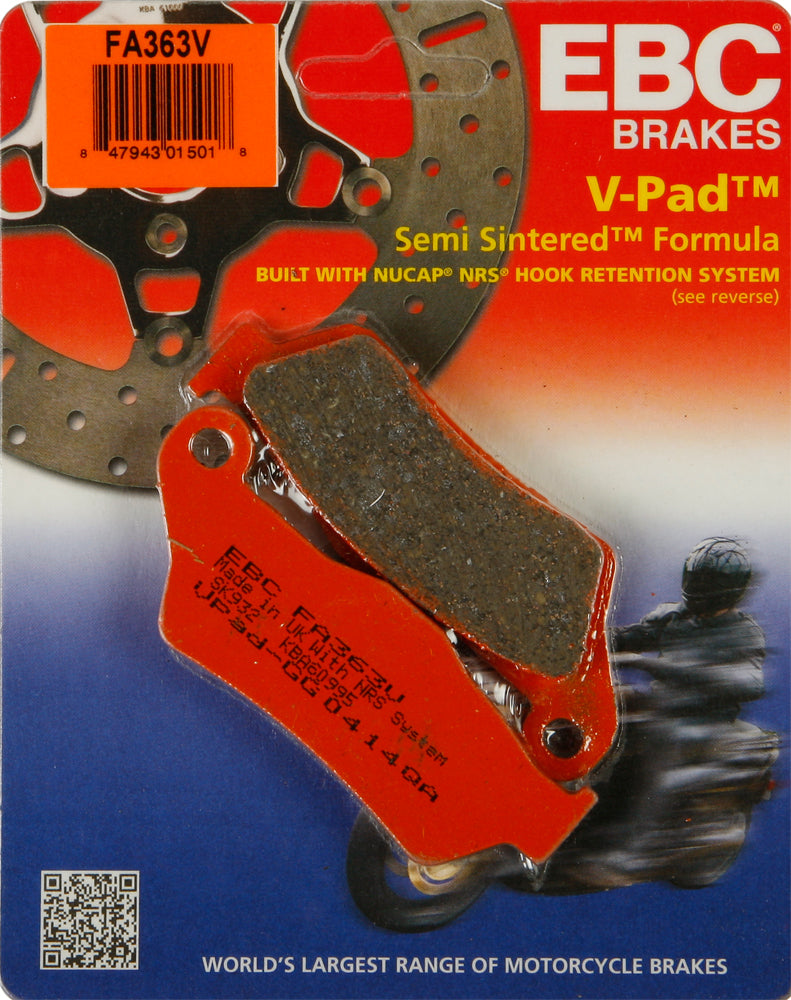 EBC Motorcycle Brakes V-Series 15-363V brake pads showing black friction material and metal backing plates for motorcycle braking systems.