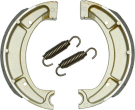 EBC Motorcycle Brakes grooved brake shoes, 14-510G, showing the textured surface and metal backing for enhanced stopping power.