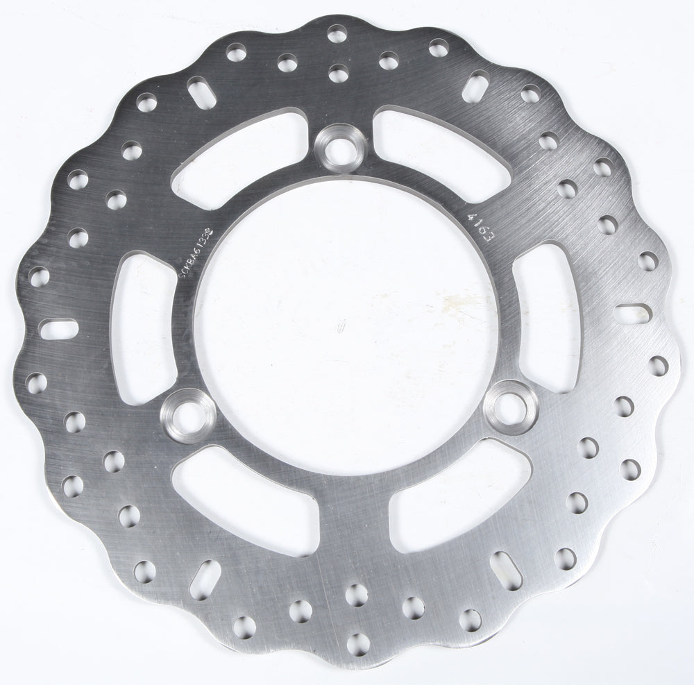 EBC Motorcycle Brake Contour Rotor 15-4163C with vented design and black finish, mounted on motorcycle wheel for enhanced stopping power.