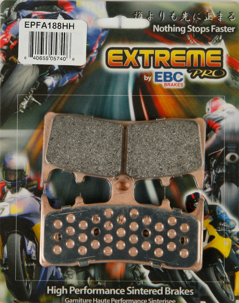 EBC Motorcycle Brakes Extreme Pro Brake Pads 15-188EP showing black brake pad with branding on the surface
