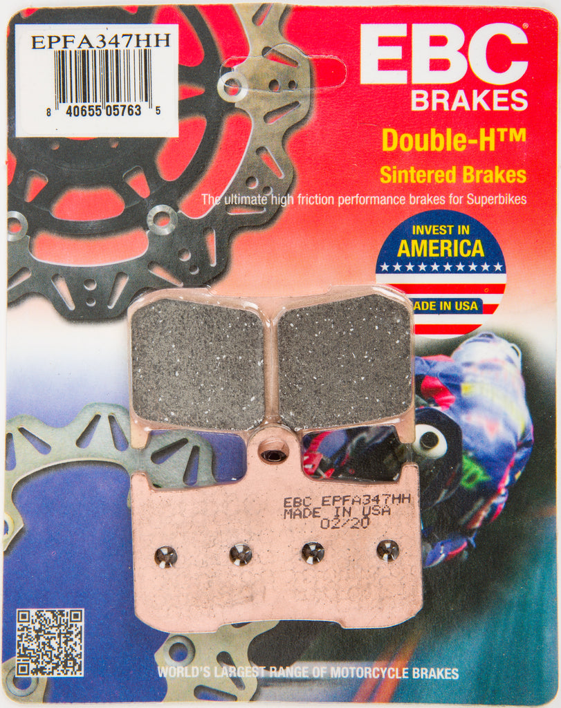 EBC Motorcycle Brakes Extreme Pro brake pads with black and metal components, designed for high-performance motorcycle braking.