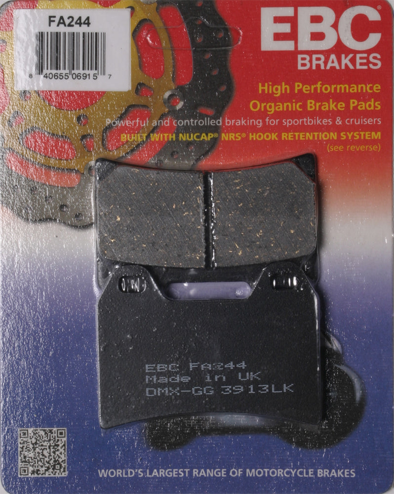 EBC Motorcycle Brakes front standard brake pad 15-244 showing the black brake pad with metal backing plate and EBC branding
