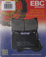 Load image into Gallery viewer, EBC Motorcycle Brakes front standard brake pad 15-244 showing the black brake pad with metal backing plate and EBC branding