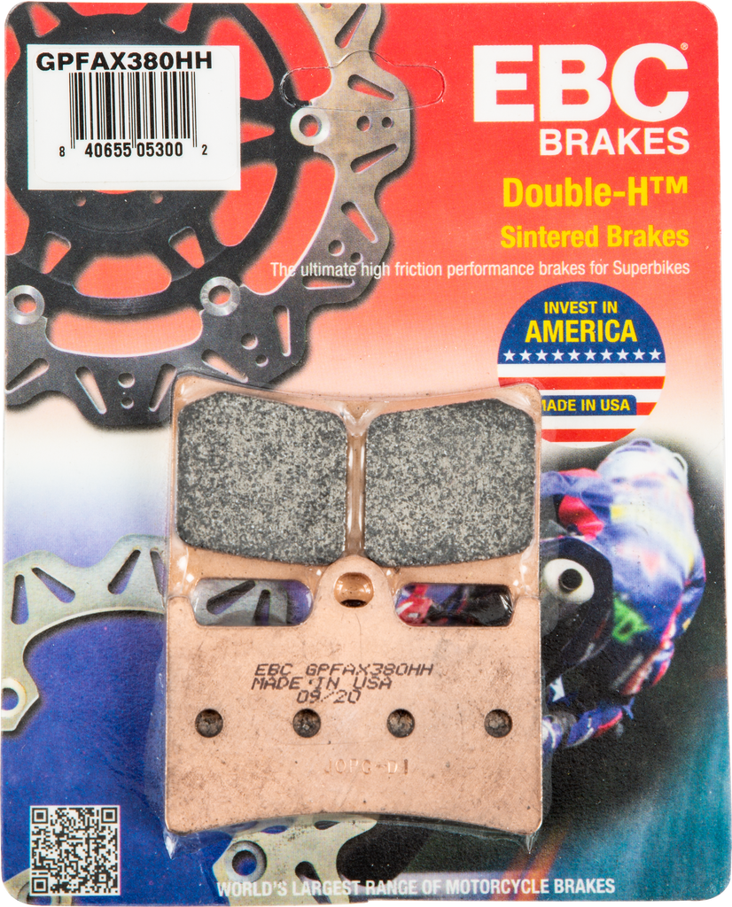 EBC Motorcycle Brakes Gpfax Brake Pads Race Only 15-380GP with metal backing and friction material for high-performance motorcycle braking.