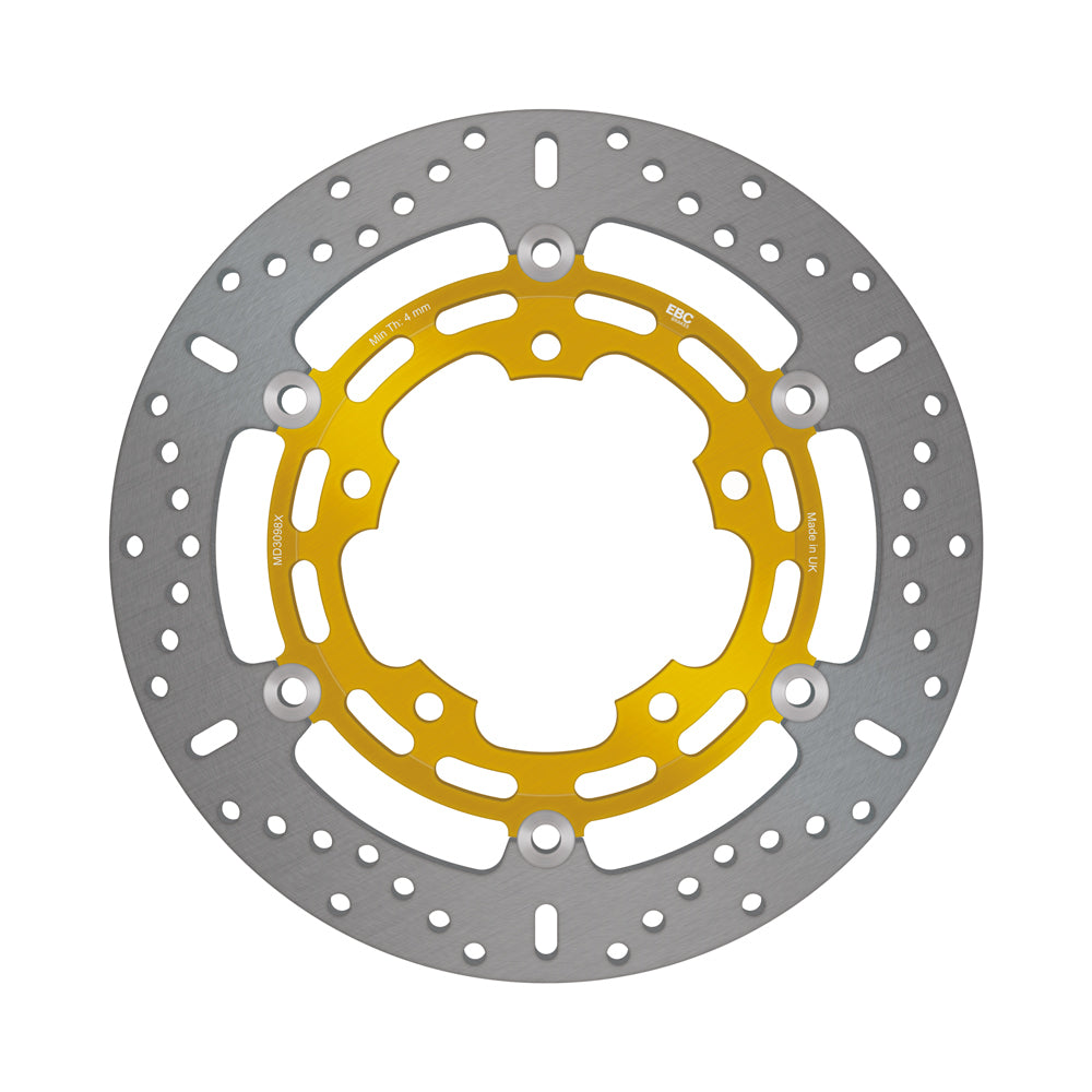 EBC Motorcycle Brakes standard brake rotor 15-3098X with vented design and metallic finish, mounted on a motorcycle wheel.