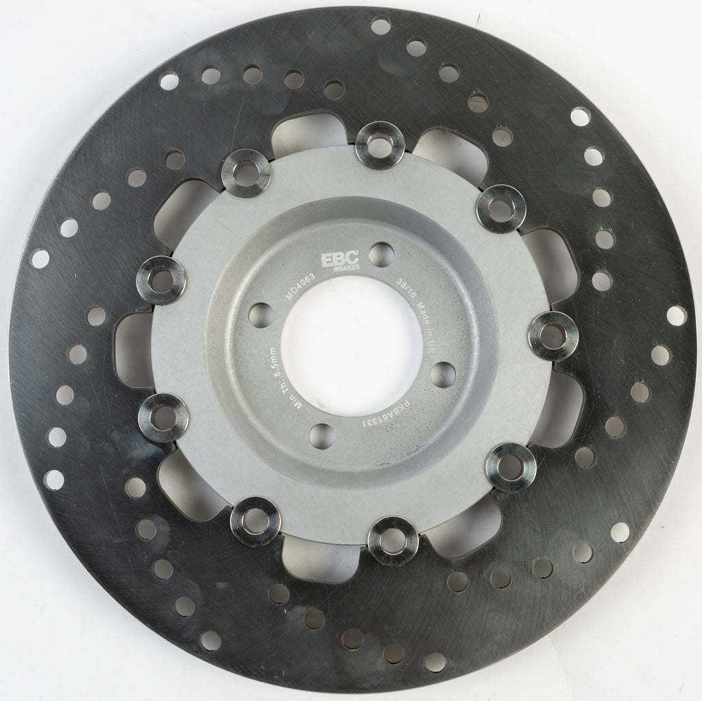 EBC Motorcycle Brakes standard brake rotor 15-4063 showing a close-up of the metal disc with ventilation holes for efficient braking.