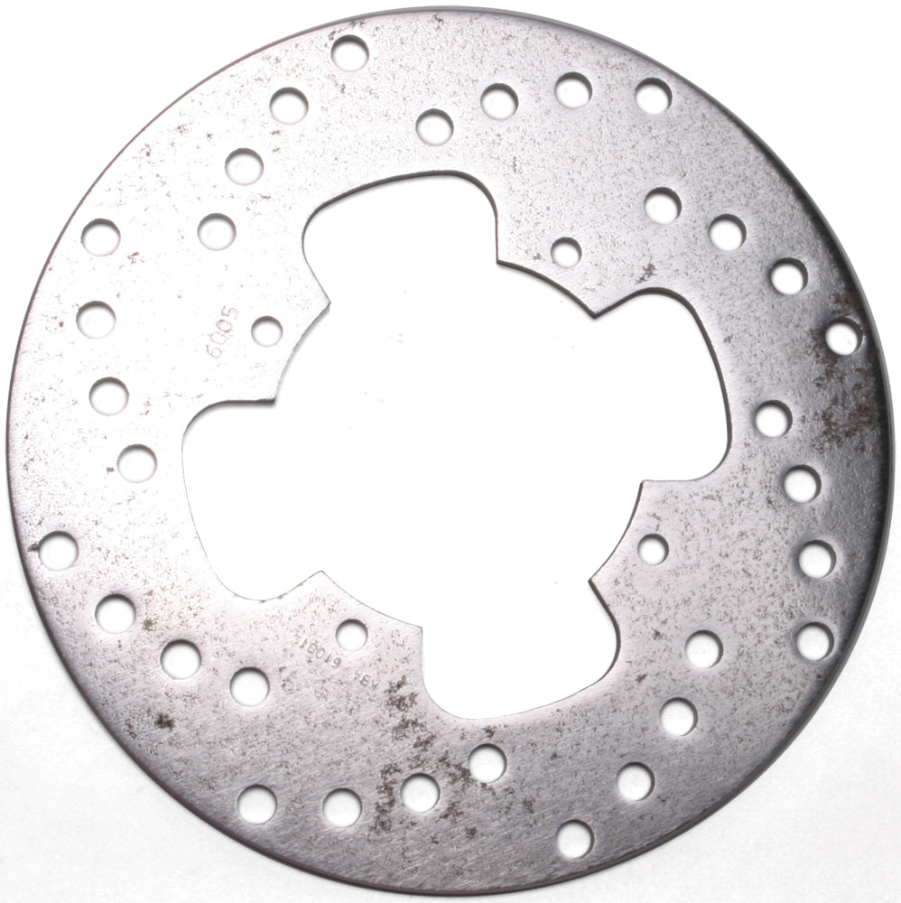 EBC Motorcycle Brakes standard rotor 15-6005 with vented design, mounted on a motorcycle wheel, showcasing durable metal construction.