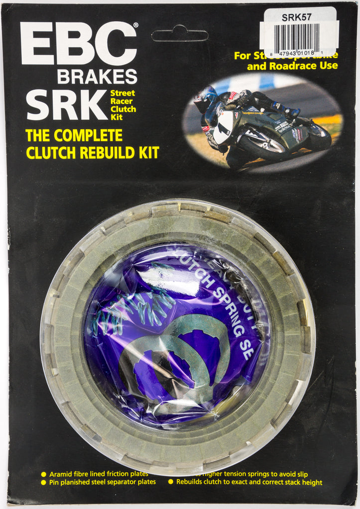 EBC Motorcycle Brakes SRK Complete Clutch Kit SRK57 for motorcycle, includes clutch plates and components in a detailed view.