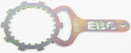 EBC Motorcycle Brakes Clutch Basket Holder tool for motorcycle clutch assembly, black metal tool with labeled parts.