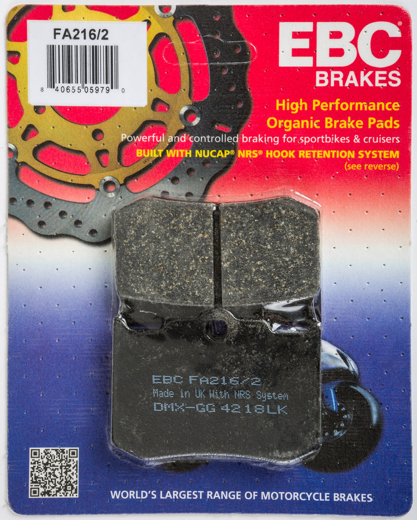 EBC Motorcycle Brakes FA216/2 aftermarket brake pads installed in a motorcycle caliper, ready for installation.